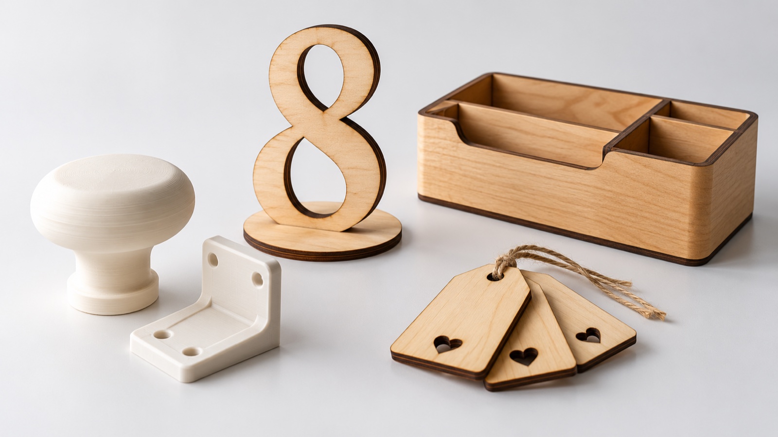 Illustrative custom products: 3D printed knob and bracket, laser-cut table number, gift tags, and wooden organizer