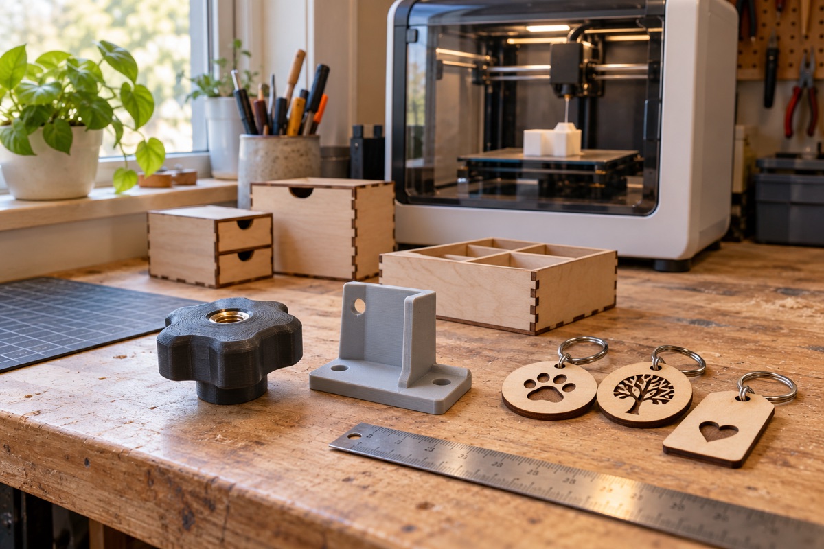 Illustrative workbench with a 3D printer, printed replacement parts, and laser-cut wooden pieces