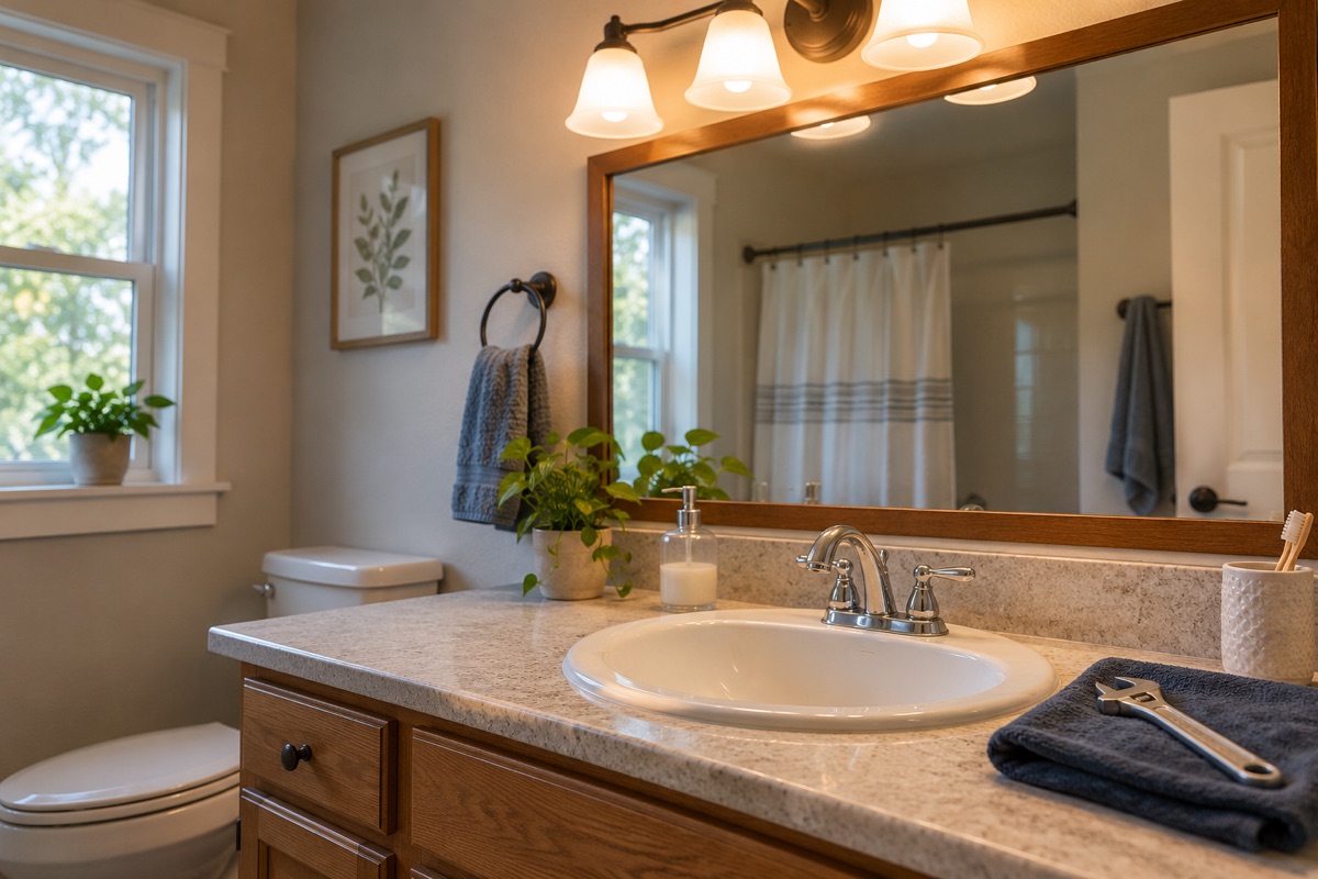 Illustrative bathroom vanity with a faucet, sink, and wall light, representing small home fixture projects