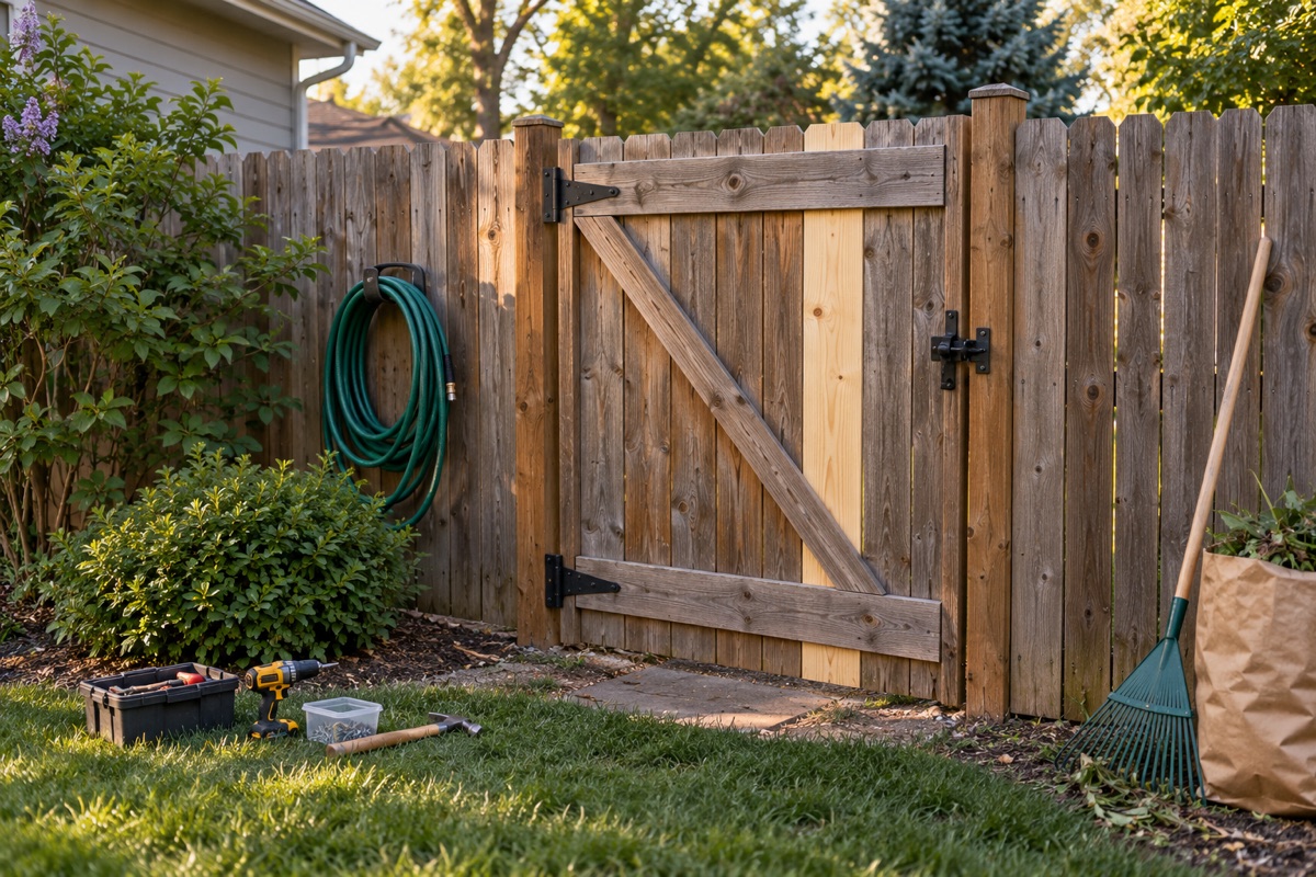 Illustrative residential backyard with a wooden fence, garden gate, and tools for outdoor upkeep